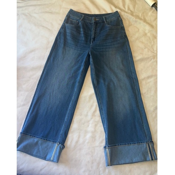 HALARA Denim - Halara Flex Denim Wide Leg Cuffed Jeans Medium Wash Blue High Waisted Size M